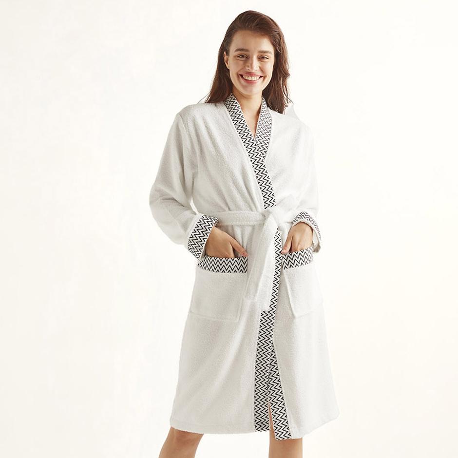 White bathrobe made from 100% cotton, suitable for both men and women.
