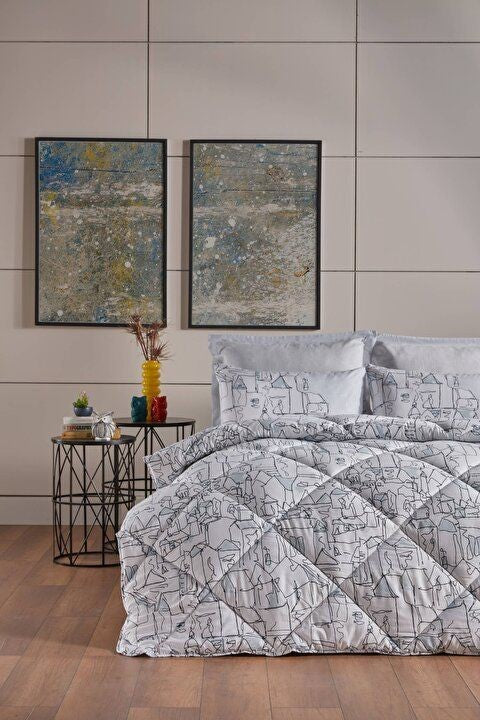 6-piece gray bedding set in queen size, including a quilt, sheet, and four pillowcases