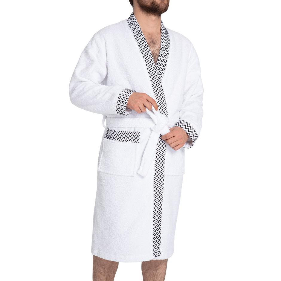 White bathrobe made from 100% cotton, suitable for both men and women.