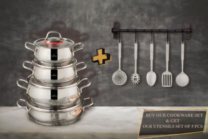 Stainless Steel 8 Pieces Cookware Set + Utensils Set In Stainless Steel