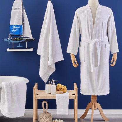 White bathrobe made from 100% cotton, offering comfort and style