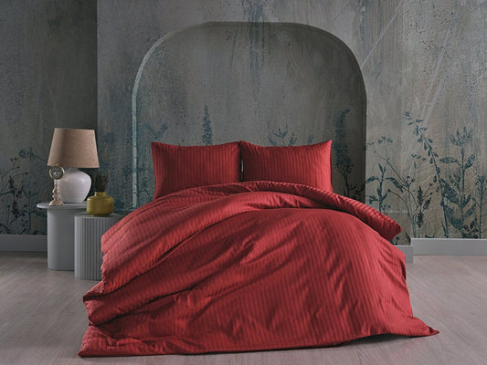 Red duvet cover set in queen size, including a duvet cover, standard sheet, and two pillowcases.