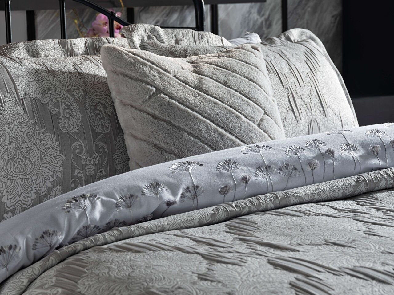 Gray bedspread set in king size, including a bed cover and two pillowcases.