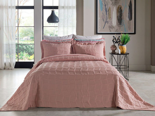 Pink bedspread set in king size, including a bed cover and two pillowcases.