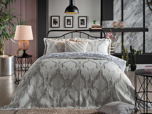 Gray bedspread set in king size, including a bed cover and two pillowcases.