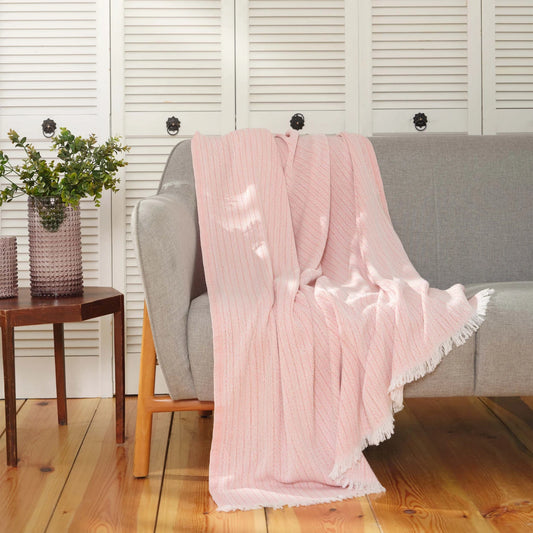 Pink throw blanket with soft and cozy texture.