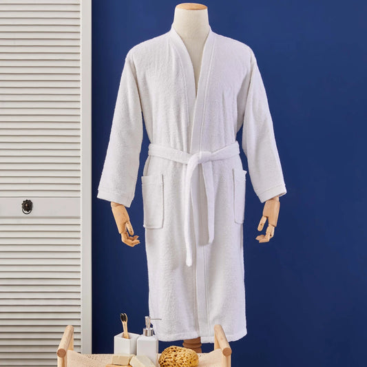 White bathrobe made from 100% cotton, offering comfort and style