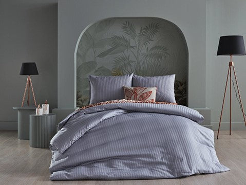 Gray duvet cover set in queen size, including a duvet cover, standard sheet, and two pillowcases.