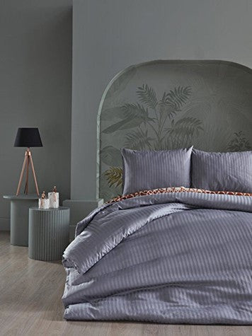 Gray duvet cover set in queen size, including a duvet cover, standard sheet, and two pillowcases.