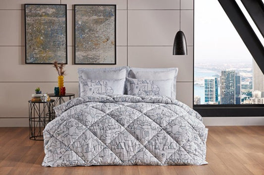 6-piece gray bedding set in queen size, including a quilt, sheet, and four pillowcases
