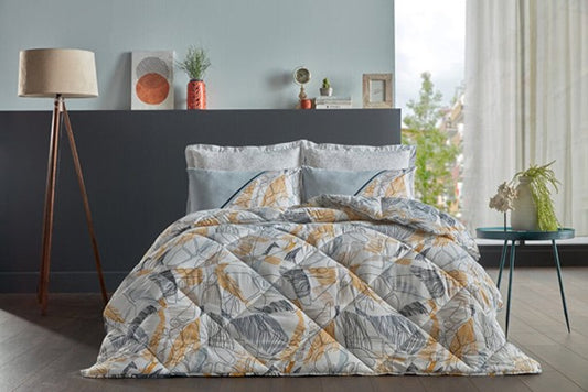 Yellow 6-piece bedding set in queen size, featuring a quilt, sheet, and four pillowcases.