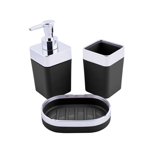 3-piece bathroom accessories set including a toothbrush holder, liquid soap dispenser, and solid soap.