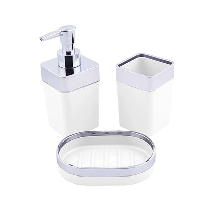 3-piece bathroom accessories set including a toothbrush holder, liquid soap dispenser, and solid soap.